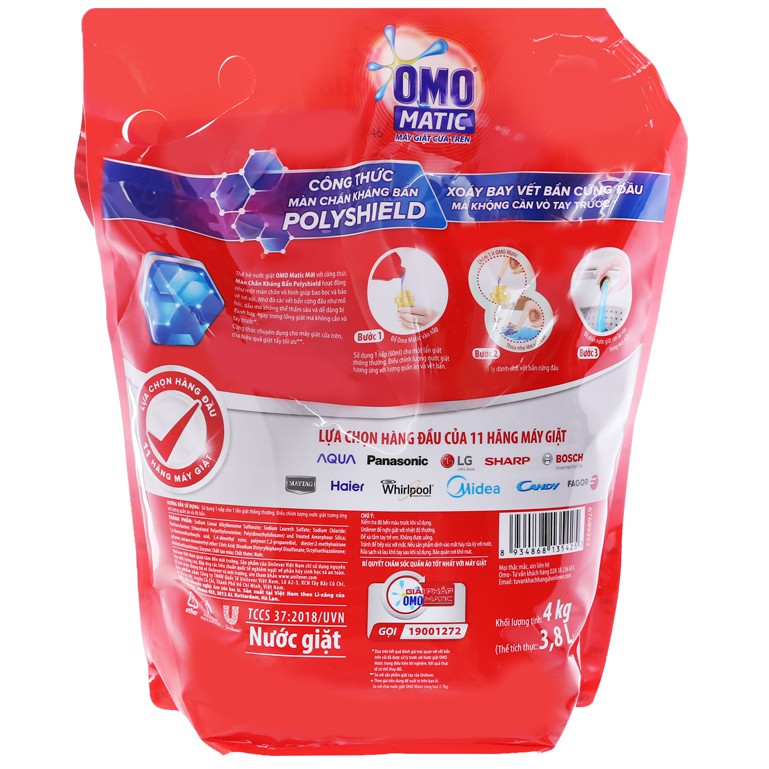 Nước giặt OMO Matic cửa trên túi 3.8 lít