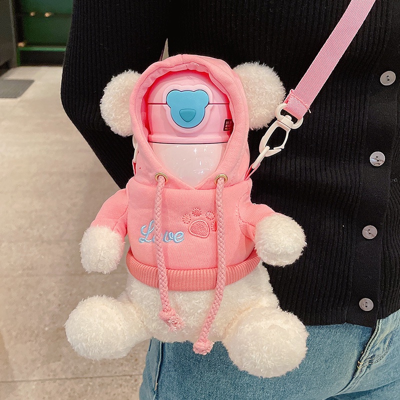 Bình nước giữ nhiệt phong cách gấu hoạt hình có ống hút xinh xắn tùy chọn