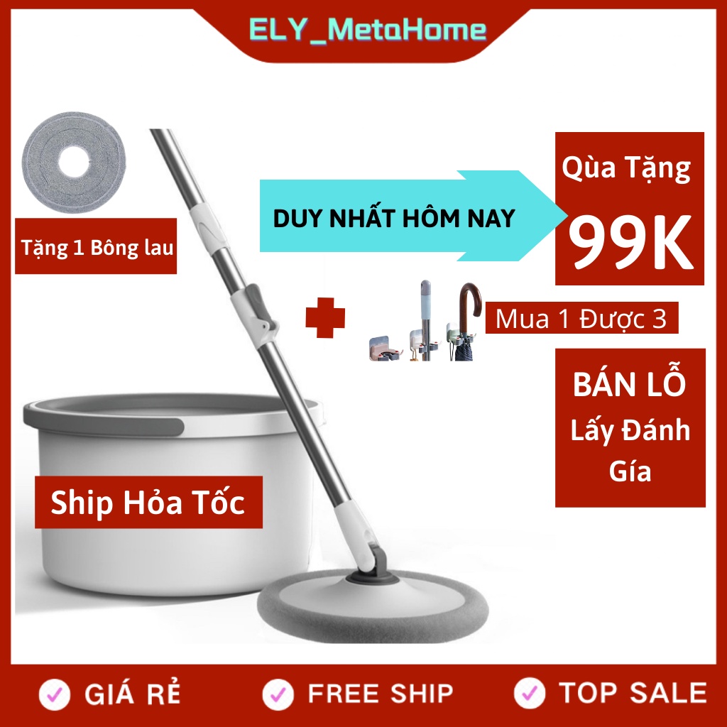 Chổi lau nhà tách nước bẩn thông minh 360 độ 2 bông lau, bộ cây lau nhà tách nước bẩn nước thải_ELY MetaHome.