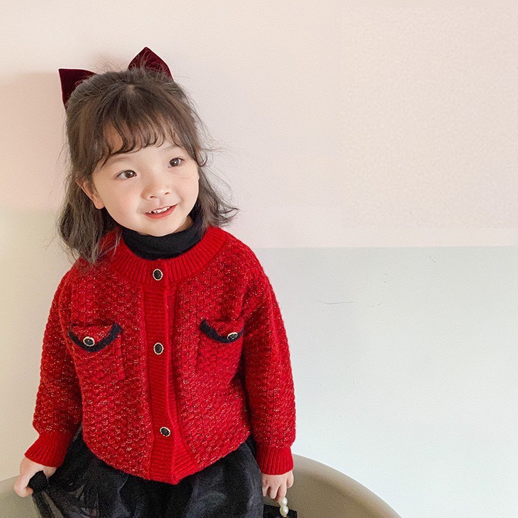 Áo khoác len cho bé gái diện tết, noel, màu đỏ cực xinh - Ambb Kids từ 1-7 tuổi (có clip, ảnh thật)