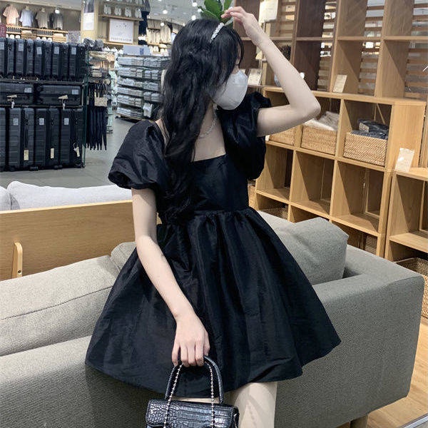 Váy babydoll Đầm Đen váy xinh váy tiểu thư Tay Phồng Cổ Vuông Phong Cách Pháp Thời Trang Mùa Hè Xinh Xắn Cho Nữ
