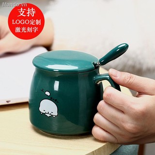 Ly Uống Nước Bằng Gốm Sứ Có Nắp Và Muỗng Tiện Dụng