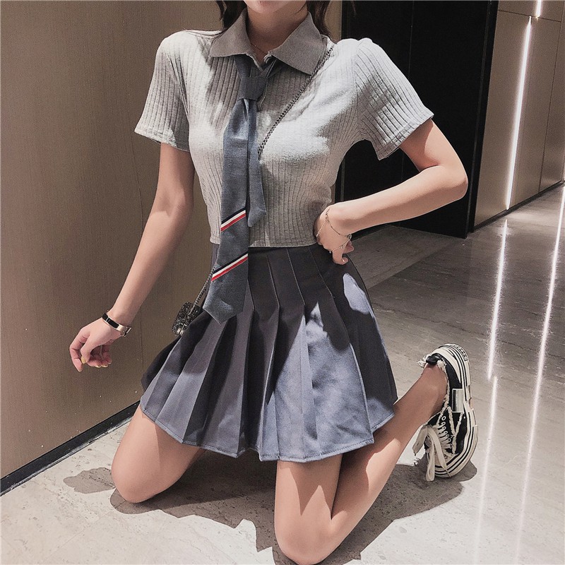 Áo Thun có cổ Polo Croptop có cà vạt phong cách student japan