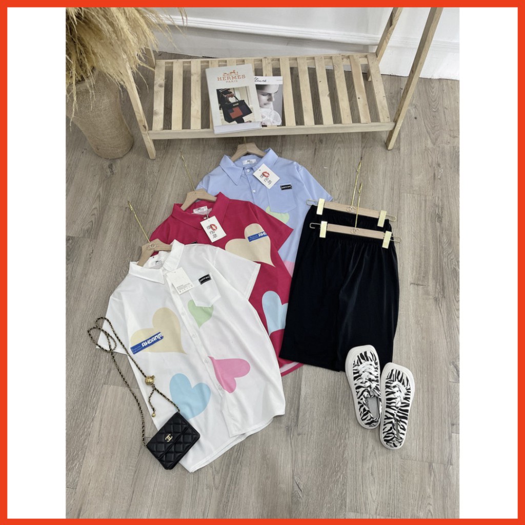 Sale Set áo sơ mi tim 3 màu mix quần ngố ôm giãn cực hót. siêu sinh