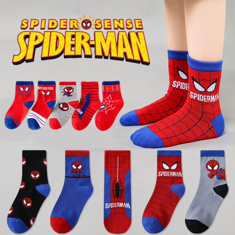 DISNEY Set 5 Đôi Vớ cotton Cổ Ngắn In Họa Tiết Hoạt Hình Người Nhện Thời Trang Thu Đông Cho Bé