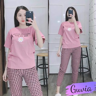 [ Đồ bộ Bigsize] Đồ bộ nữ mặc nhà thêu hoa cúc quần sọc caro DB03 Đồ thể thao nữ cao cấp.