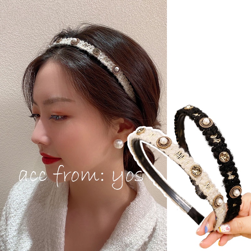 Băng đô cài tóc chất len đính hạt châu sang chảnh