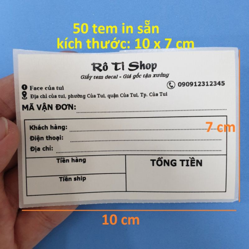 50 Tem hóa đơn in sẵn thông tin của shop kích thước 10x7cm