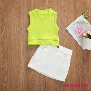 ♬Mg♪Set Áo Thun Cổ Tròn Màu Xanh Lá + Chân Váy Trắng Xinh Xắn Cho Bé Gái