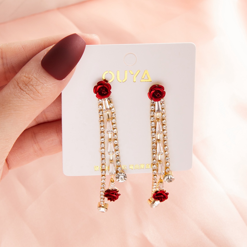 Bông tai RINHOO dáng dài hình hoa hồng đính đá phối tua rua thời trang cho nữ