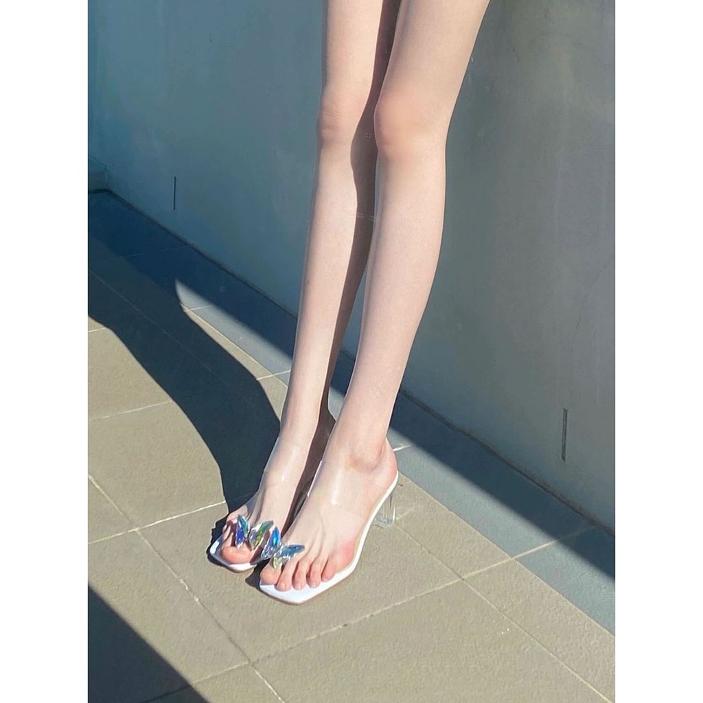 Dép Sandal Nữ Xỏ Ngón Gót Dày Mũi Vuông Quai Trong Suốt Thắt Nơ Thời Trang Đi Biển