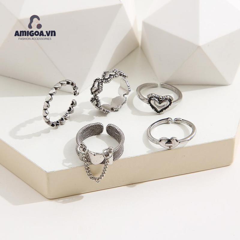 ✨✨Bộ 5 Nhẫn Hở Họa Tiết Trái Tim Đơn Giản Sáng Tạo Phong Cách Cổ Điển