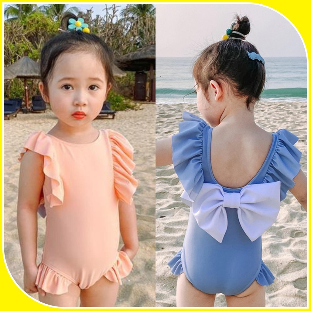 Bộ bơi nơ trắng kèm mũ bơi cho bé sz 90-130, bộ bơi bé gái B003