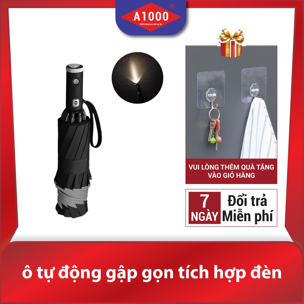 Ô dù che mưa đi nắng tự động xếp gấp gọn, chống UV cao cấp, có đèn pin