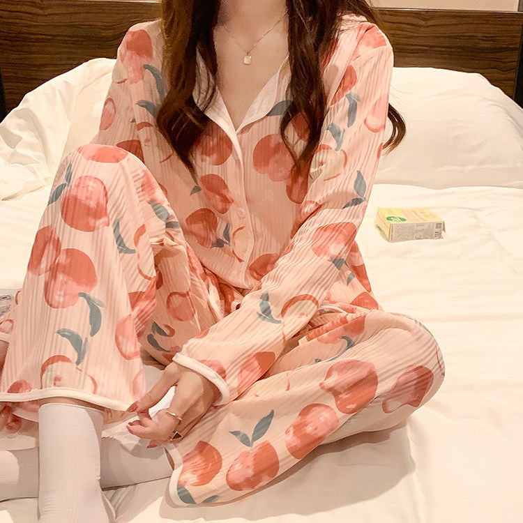 Set Đồ Ngủ Dài Tay In Họa Tiết Trái Đào Thời Trang Mùa Thu Mới Cho Nữ