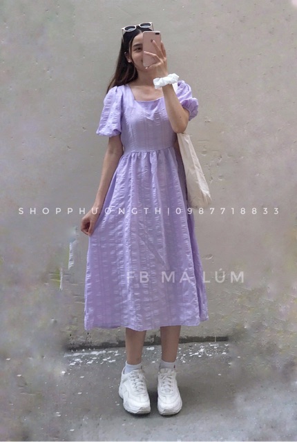 Đầm babydoll cổ vuông bồng bềnh hai màu trắng và tím (hàng có sẵn) | BigBuy360 - bigbuy360.vn