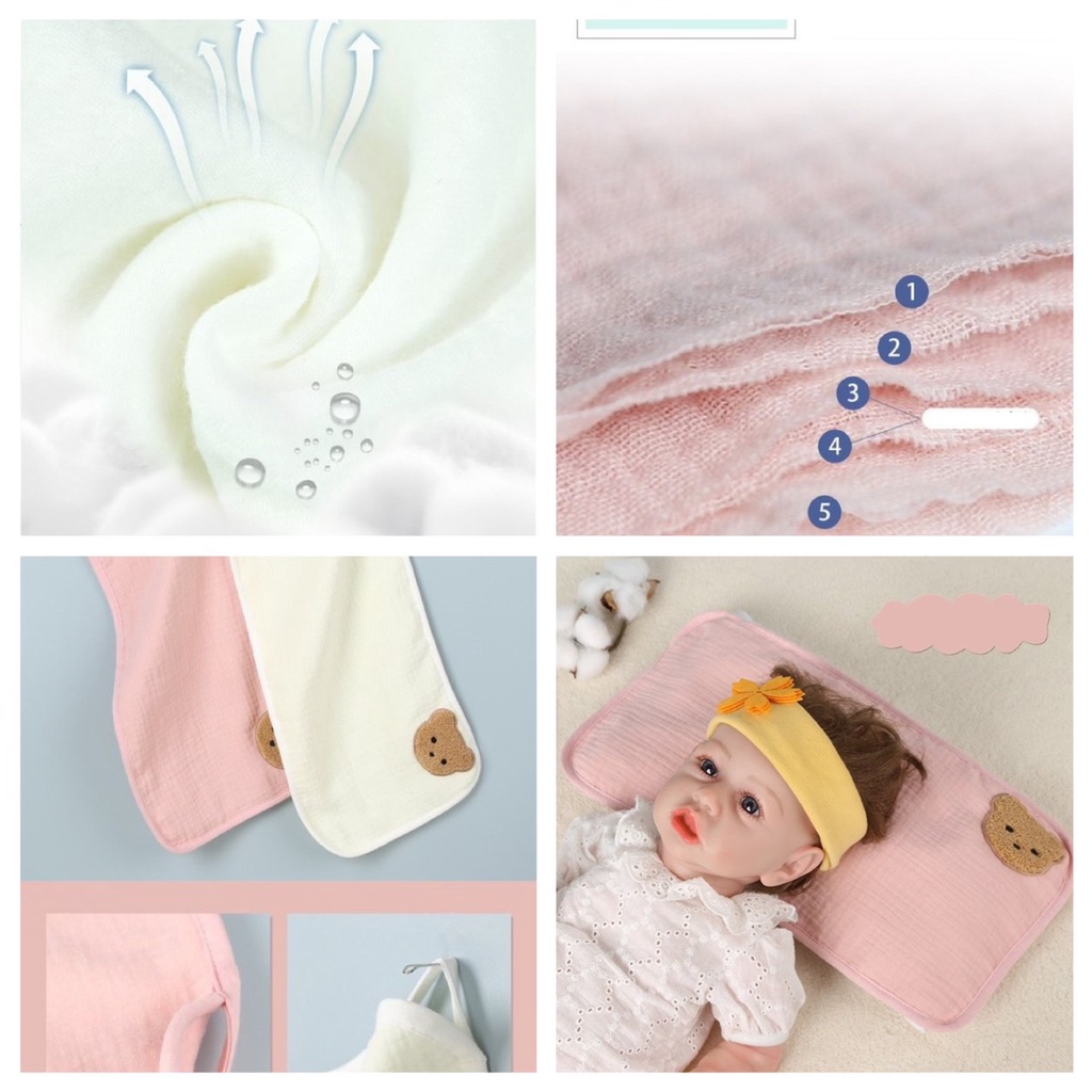 Gối Lót Sơ Sinh Hàn Quốc 6 lớp Họa Tiết Thêu Gấu Dễ Thương Chất Sợi Tre Mềm Mại