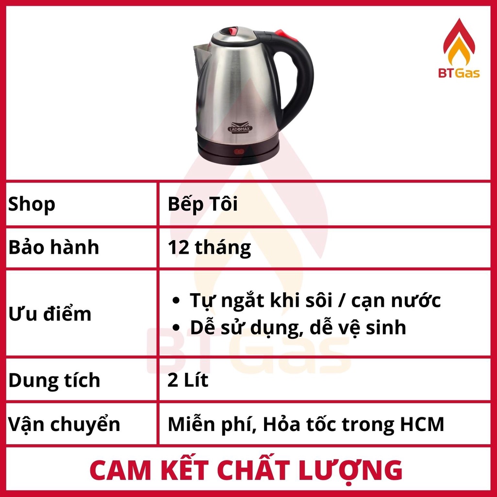 Ấm đun siêu tốc Ladomax 2L, bình siêu tốc Inox công suất 1500W HA-885