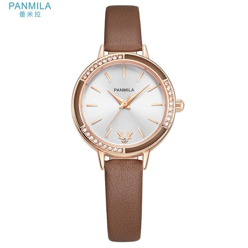 Đồng hồ nữ Panmila 0540 mẫu mới 2021 dây da, mặt tròn đính đá