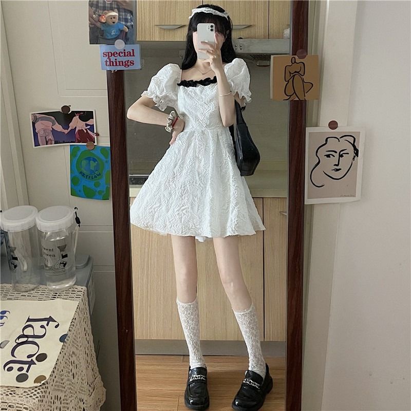 [MURIOKI] Đầm Babydoll Trắng Tay Phồng Không Viền Cho Bé Gái