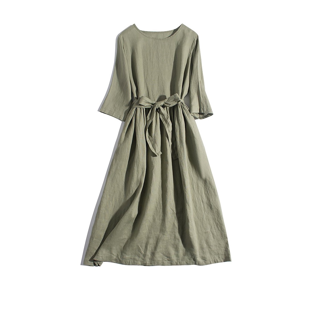 Đầm suông linen dáng chữ A cổ tròn tay lỡ xanh than, chất đũi mềm mát, thời trang phong cách Hàn Quốc