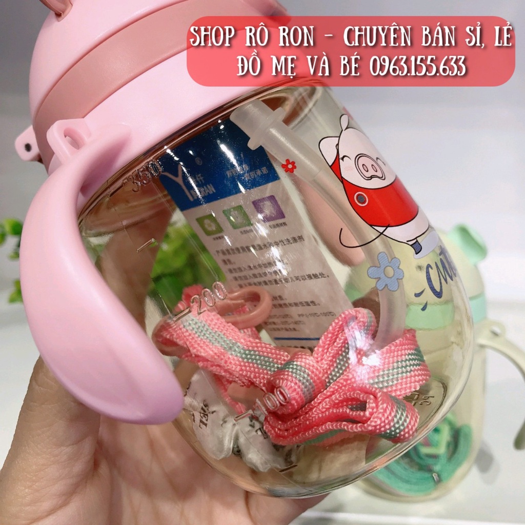 [Tặng kèm dây đeo] Bình nước chống sặc - Bình tập uống cho bé hình Lợn con [415ml] - Shop Rô Ron