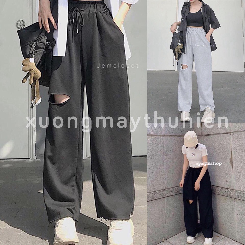 Quần ống rộng rách đùi lai tưa Unisex- Quần nỉ bo chun dáng rộng phong cách ullzang quần cá tính | BigBuy360 - bigbuy360.vn