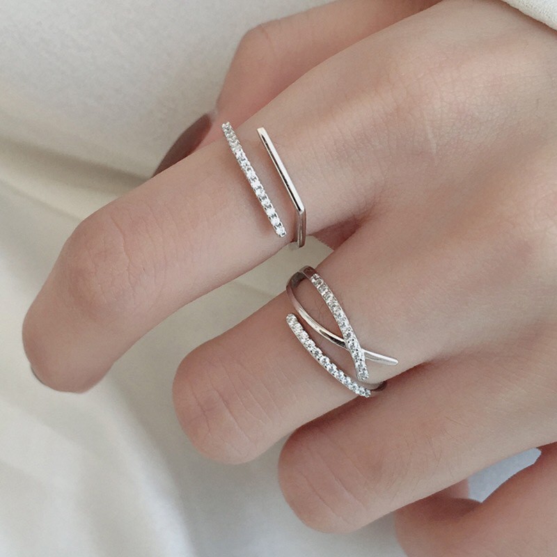 Nhẫn bạc nữ Aura, nhẫn đính đá hai hàng freesize-AURASILVER-N11