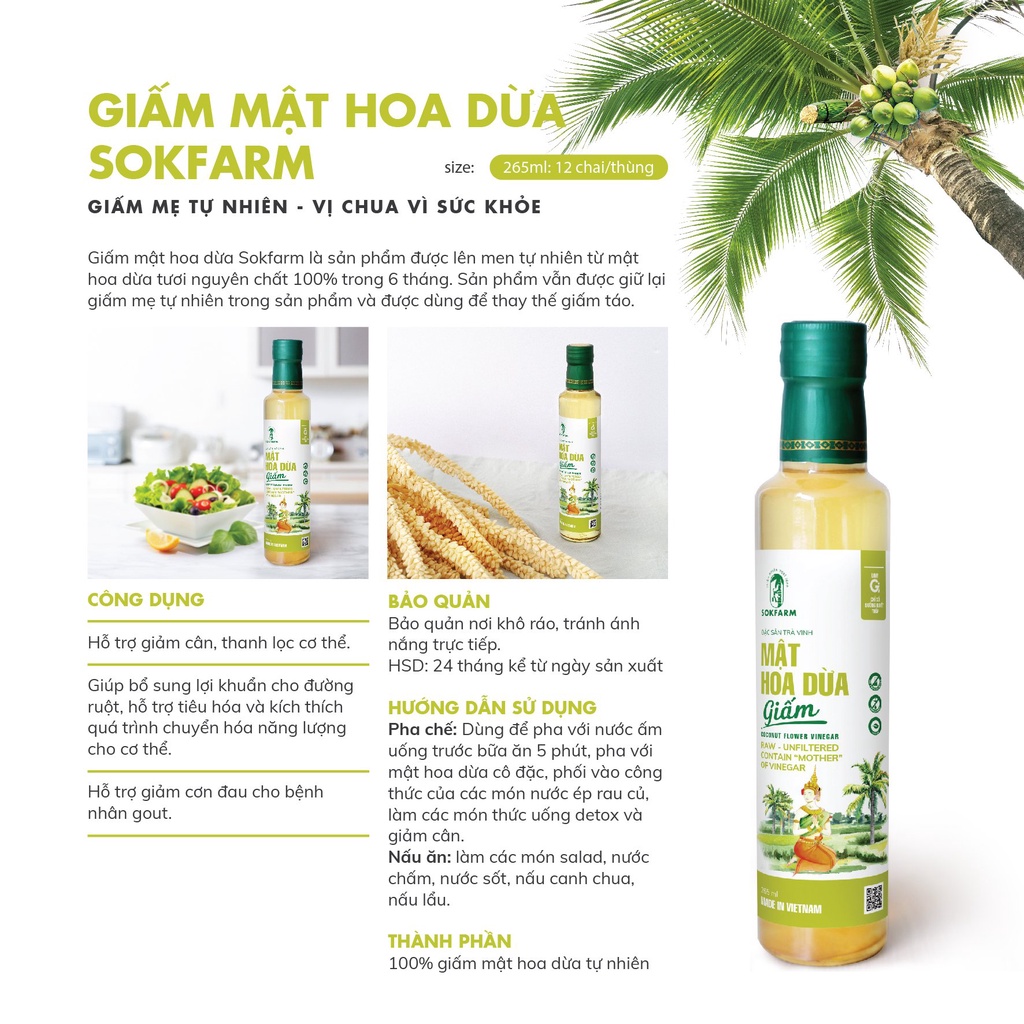 GIẤM MẬT HOA DỪA SOKFARM 100% lên men tự nhiên