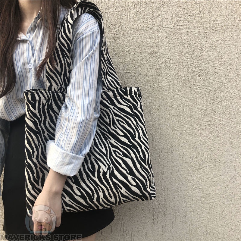 Túi Xách Đeo Vai Vải Bạt Cỡ Lớn Họa Tiết Ngựa Vằn Thời Trang Hàn Quốc Dành Cho Nữ