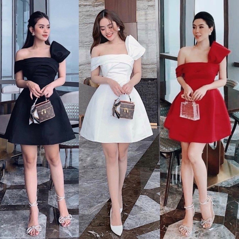 [Mã WASTMAY giảm 15% tối đa 30K đơn 150K] Đầm dự tiệc rớt vai nơ to dáng ngắn
