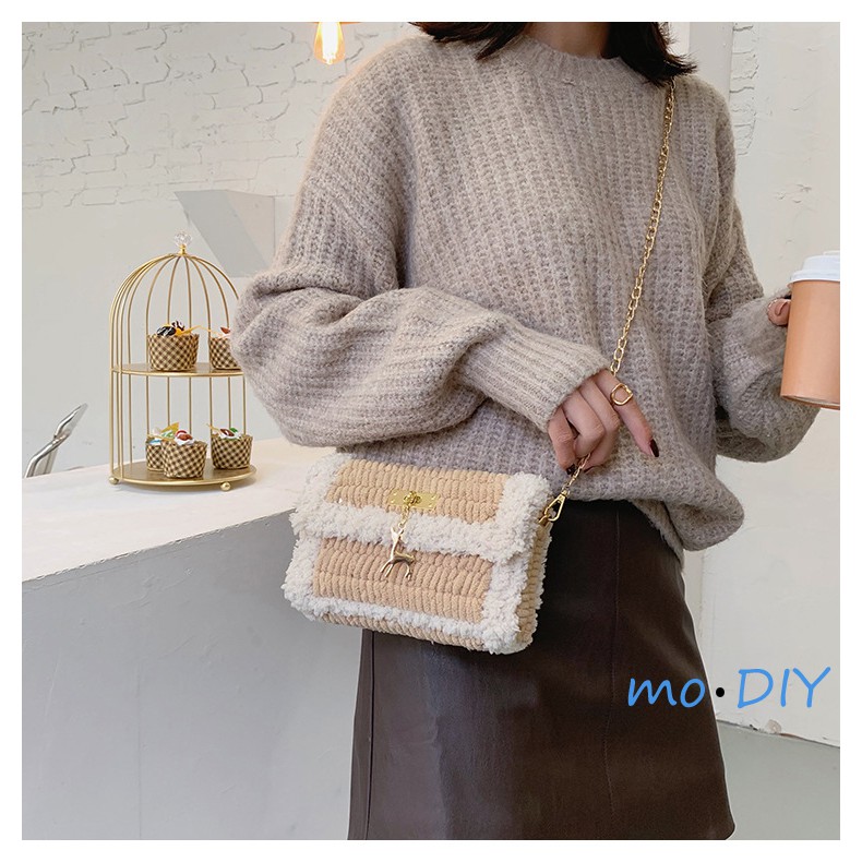 Túi xách tự đan lông xù đeo vai cá tính , DIY, túi handmade