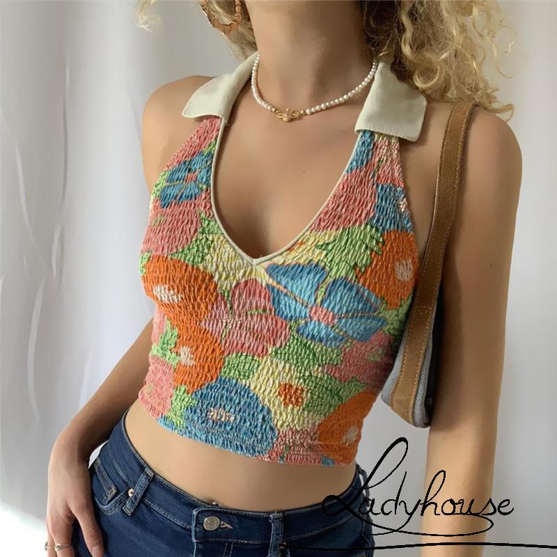 Áo Croptop Hai Dây Cổ Chữ V In Họa Tiết Thời Trang Mùa Hè Cho Nữ