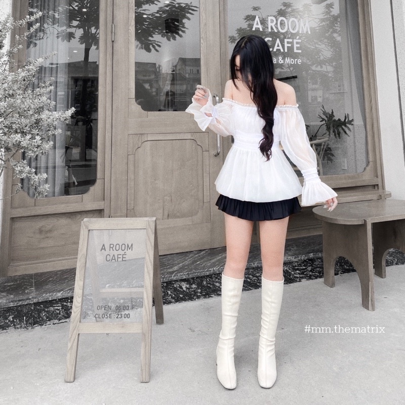 Áo trễ vai tay bồng vải tơ óng (kèm ảnh thật)