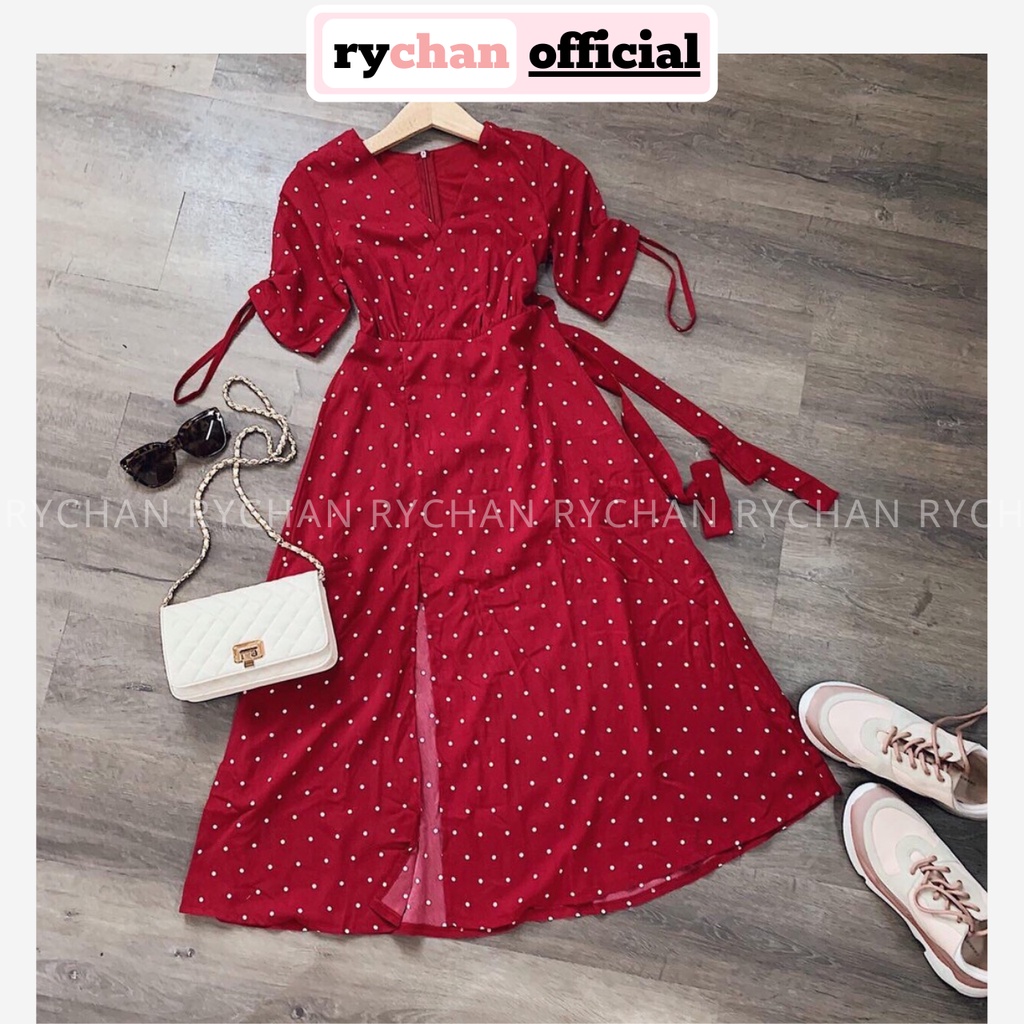 Đầm Đi Du Lịch Biển Maxi Bi Đắp Chéo Xẻ Tà Cổ V Tay Rút Dây Hai Màu Vàng Đỏ - DM693