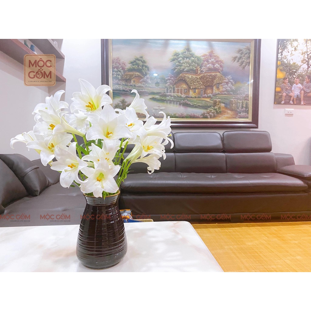 Lọ cắm hoa gốm sứ Bát Tràng men nâu bóng dáng basic phong cách vintatrang trí phòng khách đẹp Mộc Gốm MG81