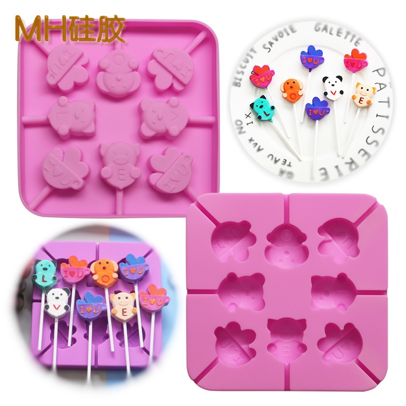 Khuôn Silicon Làm Kẹo Mút Cho Bé Mẫu 8 Thú Cầm Chữ LOVE (Tặng Kèm Que)