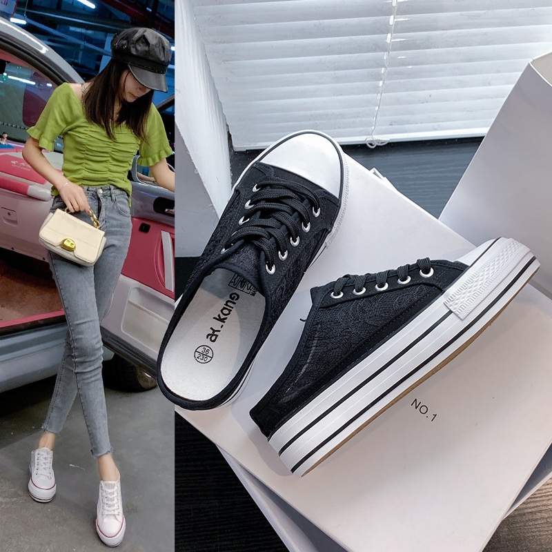 Giày Lười Canvas Phối Lưới Xuyên Thấu Đế Dày Tăng Chiều Cao Thời Trang Hàn Quốc 2022 Cho Nữ