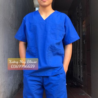 [Cao cấp] Bộ quần áo blouse cổ tim nam nữ kỹ thuật viên - bộ đồng phục spa màu xanh lam