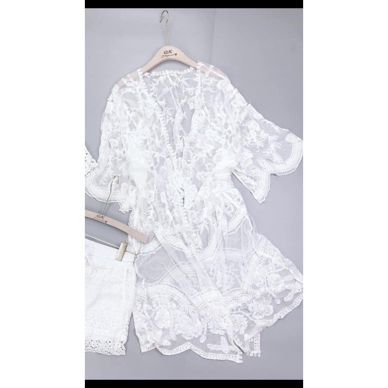 Áo choàng biển ren hoa tay &amp; gấu lượn sóng điệu đà 1098# (~100cm)