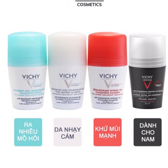 Lăn nách khu mui cua phap  vichy 50ml chính hãng đủ vị