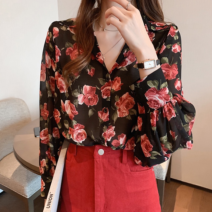 Áo Sơ Mi Voan Hoa Dài Tay Dáng Rộng Thời Trang Retro Hàn Quốc