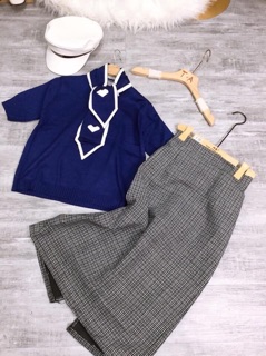 Set len cổ nơ áo xanh