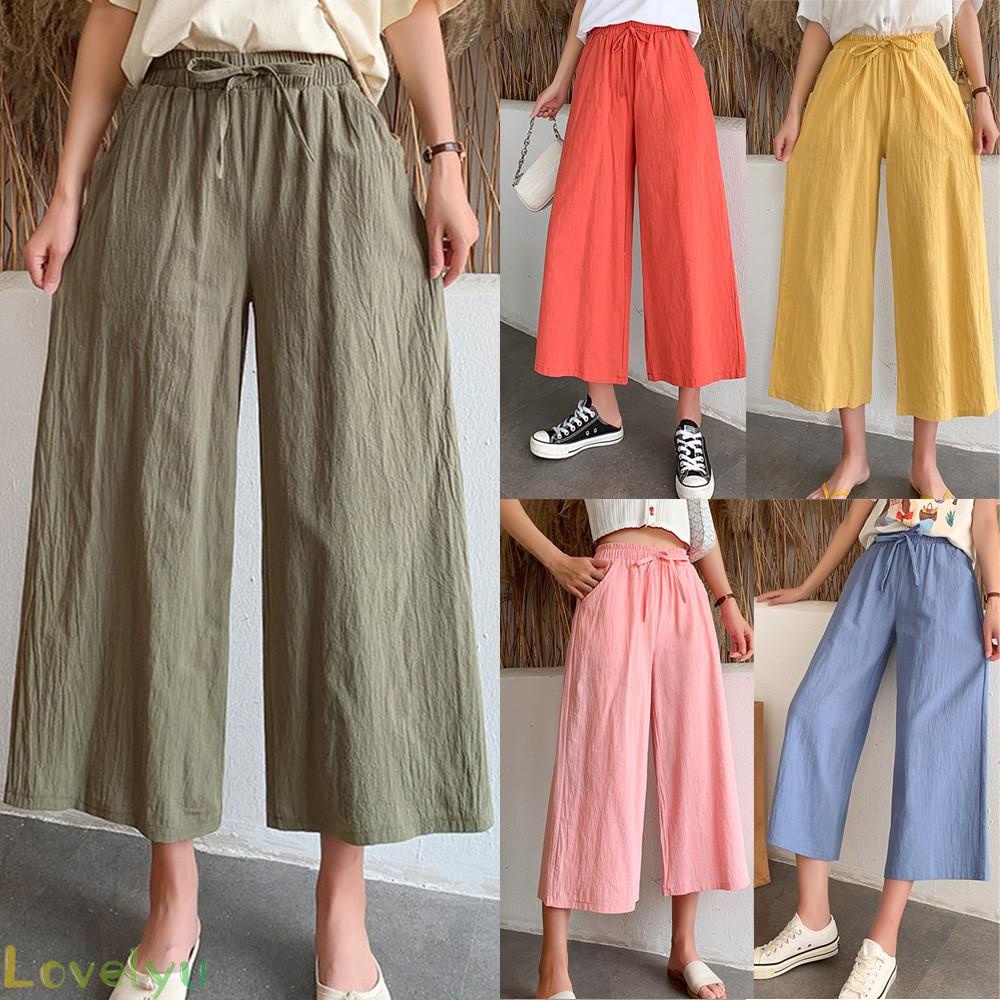 Quần Dài Ống Rộng Vải Cotton Mỏng Phối Dây Rút Và Túi Thời Trang Mùa Hè