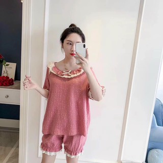 Bộ mặc nhà tiểu thư hồng chấm bi phối viền ren chất đũi QC