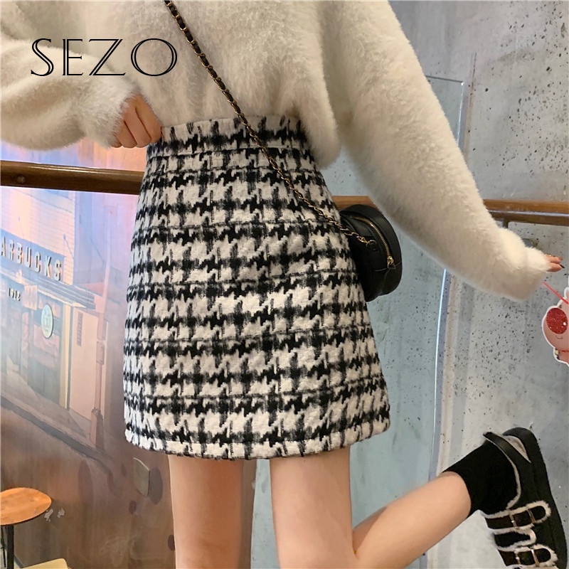 QKOOLE  Chân váy len chữ A lưng cao phong cách retro Hàn Quốc cho nữ