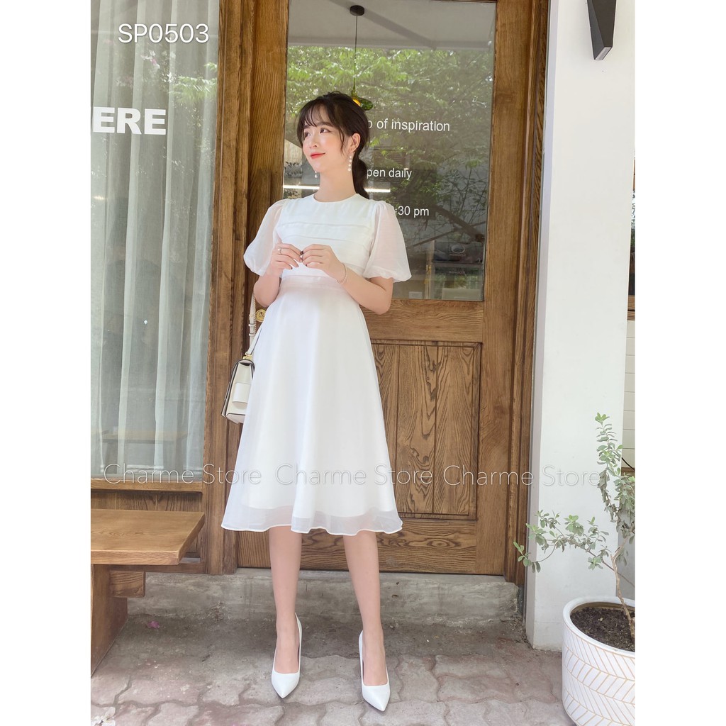 Váy nữ 💖Charme 💖Váy nữ Ruyt dáng xòe ngang gối màu trắng | BigBuy360 - bigbuy360.vn