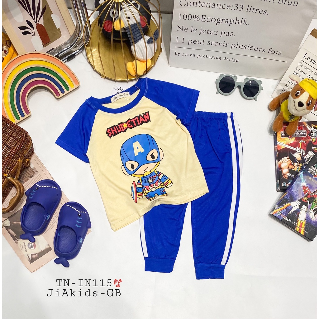 Bộ Tay Ngắn Quần Dài THUN LẠNH MINKY MOM Quần Chạy Sọc Áo In Hình Dễ Thương Cho Bé TN-IN115