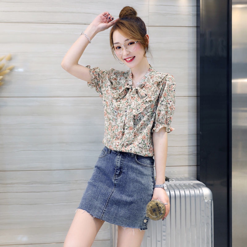 Áo Sơ Mi Voan Cổ V Ngắn Tay Họa Tiết Hoa Thời Trang Cho Nữ