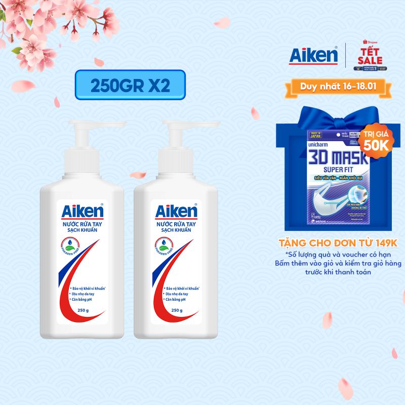 [Mã COSBDAG5 giảm 8% đơn 150k] Aiken Combo 2 Nước rửa tay Sạch khuẩn 250g/chai